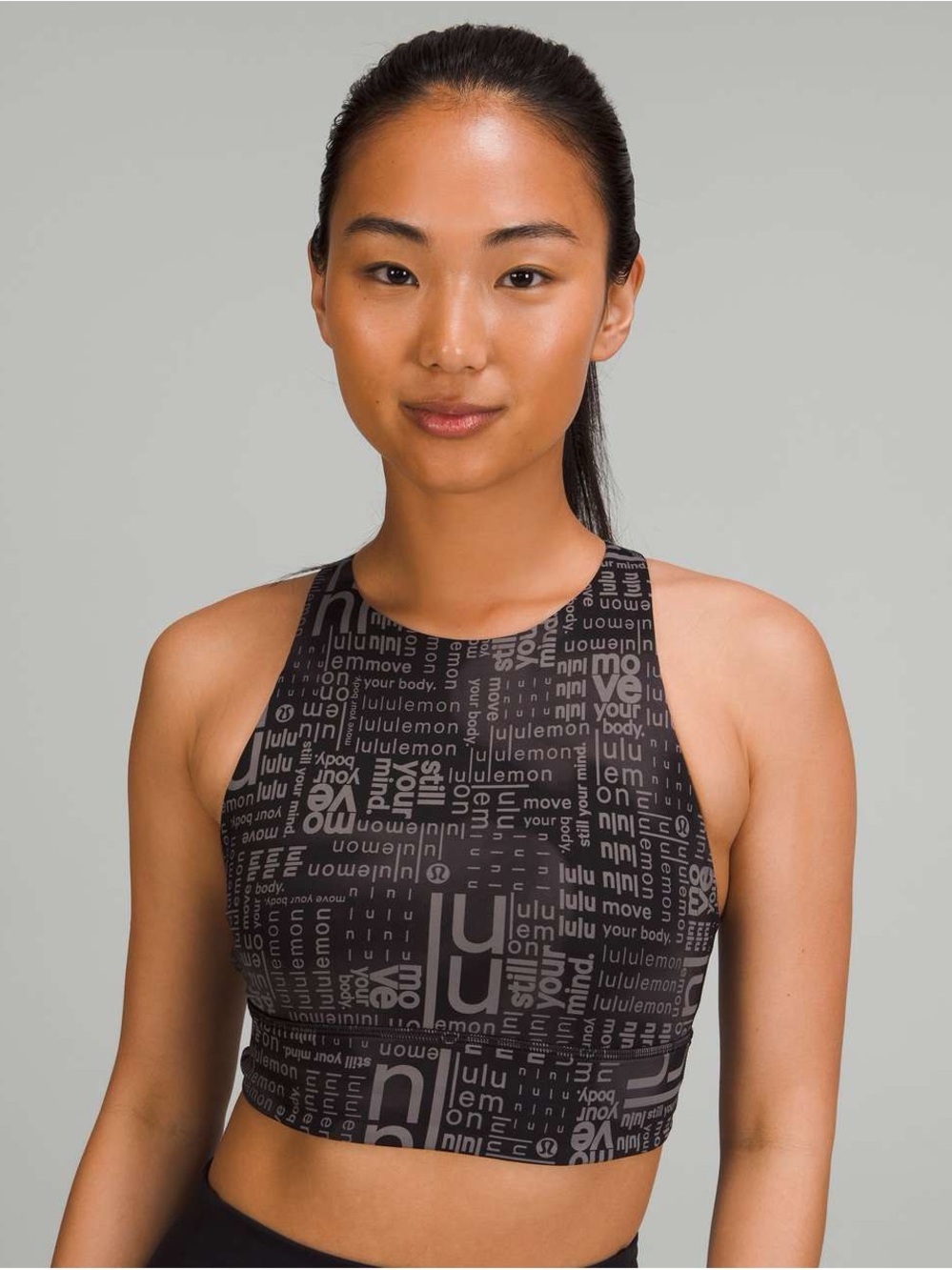 Lululemon Energy High‑Neck Longline Bra – Black Logo Print, Size 8